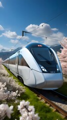 Aufkleber - 青空の下を走る白い高速列車 春の桜並木と山の風景 爽やかな旅のイメージ