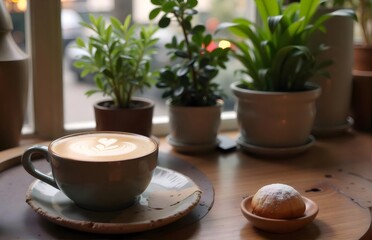Aufkleber - カフェの窓際に置かれたラテアートコーヒーと小さな焼き菓子 暖かく優しい光が差し込む木製のテーブルに緑の植物が飾られた静かな空間