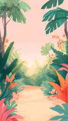 Aufkleber - 熱帯のジャングル風景 鮮やかな緑とオレンジ色の植物 太陽の光が差し込むパス 柔らかな色合いのアートイラスト