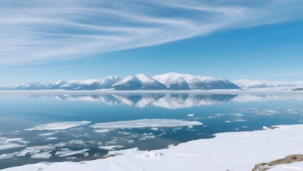 Aufkleber - 雪山と氷が浮かぶ湖のパノラマ風景 青空の下 穏やかな水面と雪原の美しい景色