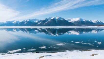 Aufkleber - 雪山と湖面の反射 青い空と雲の冬景色 自然のパノラマ風景 澄んだ水面と静寂の美しい光景