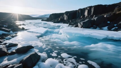 Aufkleber - 氷と川と岩の風景 太陽光と青い氷のコントラスト 荒野の自然の光景
