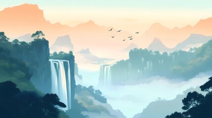 Aufkleber - デジタル水彩画の風景 水流れる滝と緑豊かな山々 霞む谷間の夕焼け空
