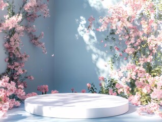 Poster - ピンクの桜と白い円形プラットフォームの背景 柔らかな光と影が美しい空間を演出