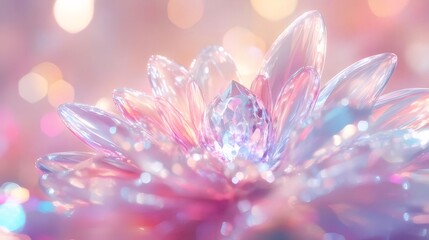 Poster - ピンクと透明な花びらの抽象的な花のクローズアップ輝く光と背景のボケ