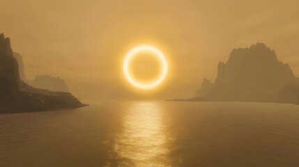 Aufkleber - 幻想的な光輪が水面に映る夕日の風景 黄金色に輝く空と山のシルエット