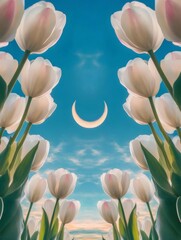 Poster - 白チューリップと青空を背景にした月の幻想的なビジョン 対称的な花のデザイン
