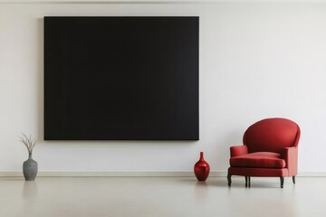 Aufkleber - 赤いアームチェアと黒い長方形のアート作品 白い壁のシンプルなモダンインテリア 白い床に配置されたデザイン要素