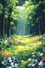 Aufkleber - 緑豊かな森の中の光が差し込む小道 鮮やかな草花と木々が織りなす夏の風景