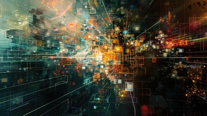 Abstract picture of neon light particle with digital technology style design connecting become dynamic of electric wave movement represent about flowing of data or structure of network system. AIG53.