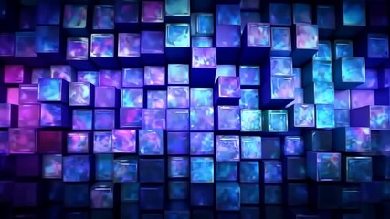 Poster - Vibrant moving mosaic of blue and purple neon tiles creating dynamic patterns