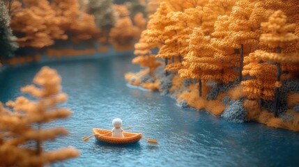 Aufkleber - オレンジ色のボートに乗った子供が秋の風景の穏やかな水面を漕ぎ進む様子
