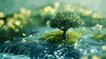 Poster - 水面に浮かぶ緑の木と草の茂み 輝く自然光による幻想的な風景画