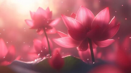 Poster - ピンク色の蓮の花々が水面に浮かび上がり優美に咲き誇る姿 水滴を纏い葉の緑と光の中で輝く様子