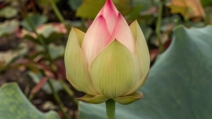 Aufkleber - ピンクとグリーンの蓮の花のつぼみのクローズアップ 水面に近い庭園の背景に咲く姿を捉えた写真