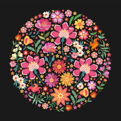 Wall Mural - Charming round flower arrangement on a black background. Dense ornament of large and tiny embroidered flowers for a napkin, tablecloth, pillow, bag, carpet.