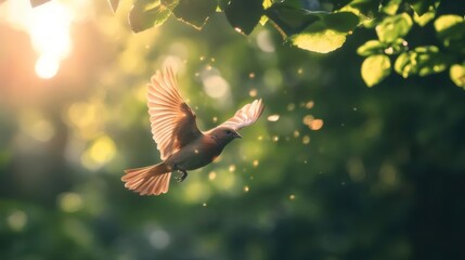 Poster - 輝く太陽光の中を飛ぶ茶色の鳥の姿を捉えた写真 鮮やかな緑の葉の背景に映える姿