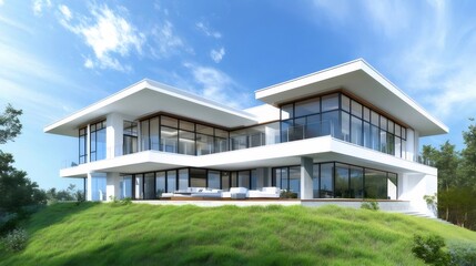 Poster - 白いモダンな高級住宅 芝生と青い空の下 広いガラス窓とデザインされた建築 外観 屋外での夏の風景
