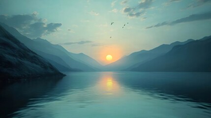 Poster - 夕暮れ時の湖と山々の風景 太陽が水面に反射し空は青色とオレンジ色 穏やかな自然の情景