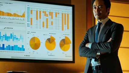 Poster - Confident businessman presenting dynamic data analytics in modern office