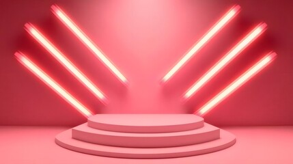 Poster - ピンクのネオンライトと円形ステージの3Dレンダリング背景デザイン 幾何学的な照明と空間的効果による抽象的なコンセプト