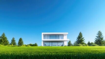 Poster - 白いモダンな家 青い空の下 鮮やかな緑の芝生に建つ 夏の晴天 美しい建築デザイン