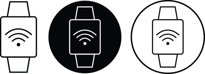 Poster - Smart watch icons set in line styles. Clock vectors. Wearable electronic device. Hand watch symbols. Wristband technology Illustration for Fitness and connectivity isolated on transparent background.