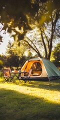 Aufkleber - 木々とテントのある夏のキャンプ場の風景 鮮やかな緑色の草と木漏れ日の光の中でリラックス