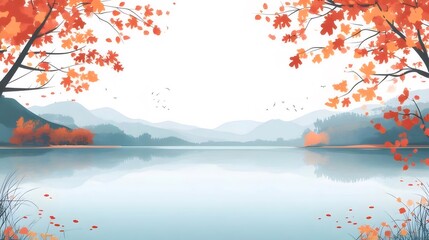 Aufkleber - 鮮やかなオレンジ色の紅葉と青い湖面の静寂な風景画ピクセルアートスタイル