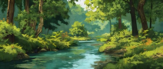 Aufkleber - 緑豊かな森の中の清流と木々の風景 太陽光が水面に反射し 鮮やかな色彩が美しい 水彩画のような自然画