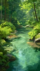 Poster - 清流と木々の緑豊かな風景 水面に反射する光が美しい 自然の息吹を感じる日本の夏景色