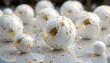 © Murtaza - Find Similar File #:  1042774299White spheres with gold leaf accents on glossy surface with ai generated