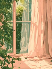 Aufkleber - 窓辺の光と影 柔らかいカーテンと緑の葉の穏やかな風景 インテリアデザインの温かみある雰囲気