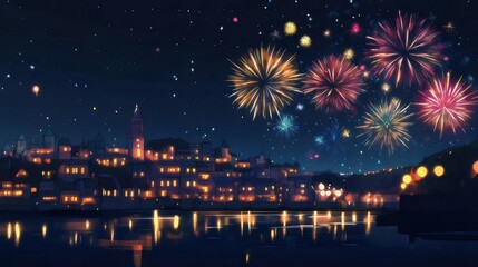 Poster - 夜空を彩る花火と輝く街並み 水面に映る光の饗宴 夏の夜空に咲き誇る カラフルな光の祝祭