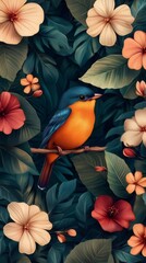 Aufkleber - オレンジと青の鳥が濃い緑の葉と様々な色の花の周りの枝に止まっている自然のアート
