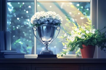 Aufkleber - 窓辺のシルバーのトロフィーと白い花束の静物 明るい自然光と緑の背景