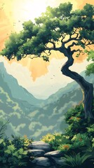 Aufkleber - ピクセルアートの木々がそびえ立つ山の風景 太陽光が差し込む緑豊かな森の中の石段
