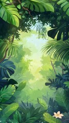 Aufkleber - 鮮やかな緑の熱帯ジャングル風景 自然光の下で鮮やかな葉と木々が茂る垂直構図
