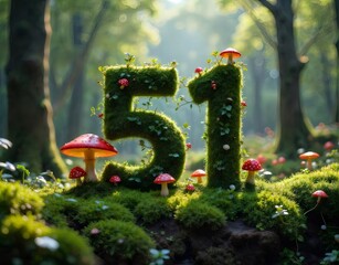 Aufkleber - 緑豊かな苔と植物で飾られた数字51のシーン 赤いキノコと日光が差し込む森の背景