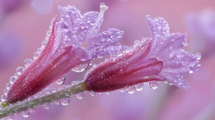 Aufkleber - ピンクの花に水滴が光るマクロ撮影 背景は淡いピンク色で優しい雰囲気
