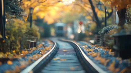Aufkleber - 秋の風景 鉄道線路 落ち葉と木々が彩る美しいイエローとオレンジ色の情景 旅の思い出 鮮やかな光が差し込むノスタルジックな風景