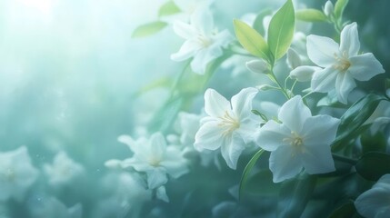 Aufkleber - 白く咲き誇る花々の幻想的なクローズアップ 淡い緑色の背景と柔らかな光の中で咲く白い花