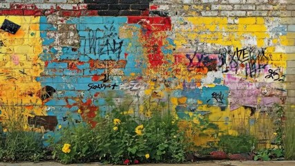 Poster - Urban graffiti wall with colorful street art and vibrant urban plants in motion