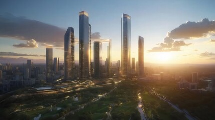 Aufkleber - 夕暮れ時の大都市景観 夕焼け空にそびえる高層ビル群と公園の緑のコントラスト 未来的な都市デザインのパノラマビュー