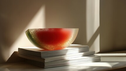 Poster - Frozen watermelon bowl on a stack of books.