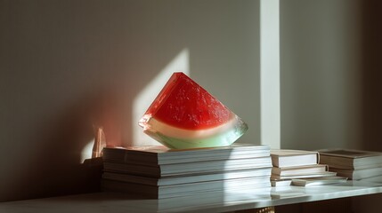 Poster - A  decorative watermelon slice sculpture on a shelf.