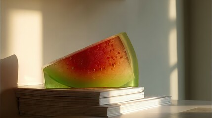 Poster - A vibrant sculpted fruit slice resting on books.