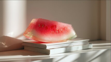 Poster - Translucent watermelon slice on books in sunlight.