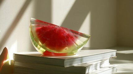 Poster - A translucent watermelon slice decorative object on books.