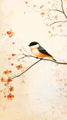 Aufkleber - オレンジと黒の鳥が花咲く枝に止まる水彩画の背景に描かれた自然の芸術
